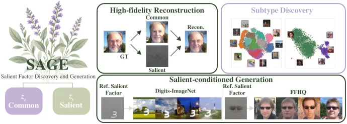 SAGE overview: common and salient factor decomposition, high-fidelity reconstruction, subtype discovery, and salient-conditioned generation